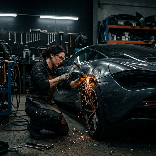 Technician reshaping a vehicle body panel with precision tools