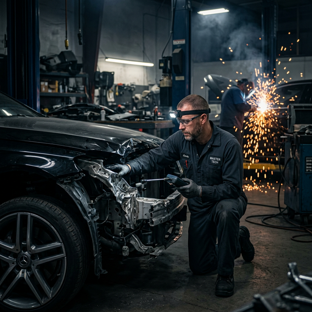 Technician carrying out structural collision repairs on a vehicle