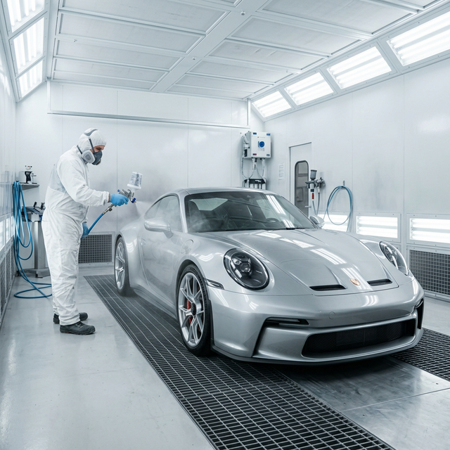 Technician applying colour-matched paint in a spray booth